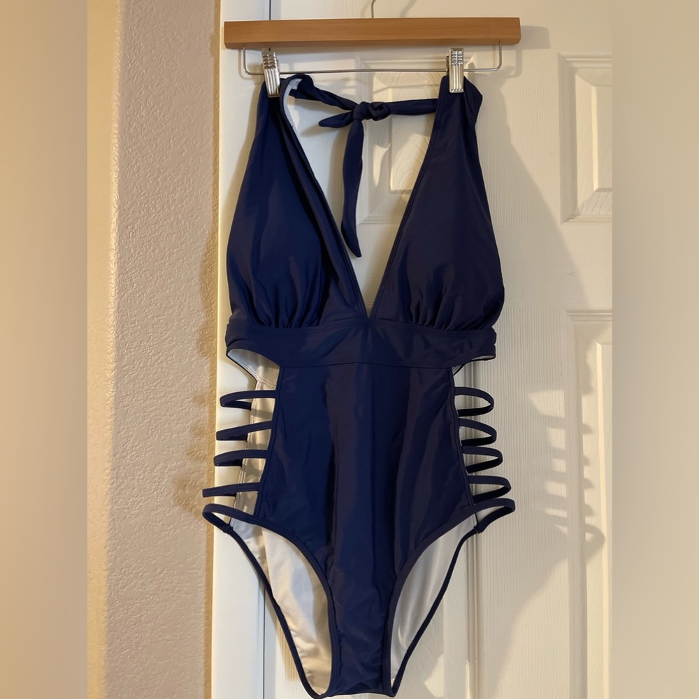 NEW dark blue swimsuit/monokini w/ cut out sides. V- neck plunge w/ halter ties